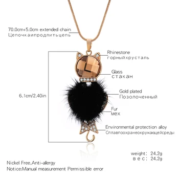 Negru Pompom Blană de Pisică Drăguț Cravată Colier Pandantiv pentru Femei Declarație de Sticlă de Cristal Colier Lung Accesorii Bijuterii Cadouri Mama