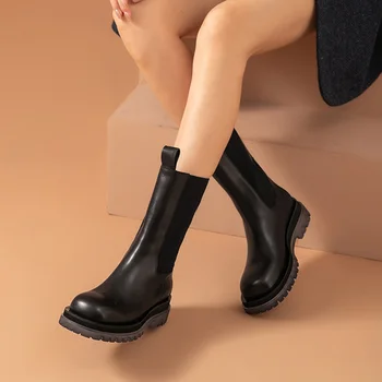 BeauToday Platforma Chelsea Cizme Femei Din Piele De Vițel De La Jumătatea Vițel Rotund Deget De La Picior Transparent Unic De Moda Doamnelor Pantofi Handmade 02326