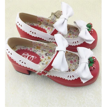 Japoneze Lolita Pantofi de Căpșuni Dulce Arc-nod JK Uniforme Fete Kawaii Cap Rotund PU Piele Toc Gros Femei Printesa Cosplay