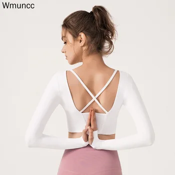 Wmuncc Sport Crop Top Pad Femei Yoga Tricouri cu Mâneci Lungi, cu Degetul mare Gaura Execută Antrenament de Fitness Gymwear Deschis Spate Respirabil