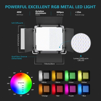 Neewer 660 RGB cu Led de Control APP, 660 Led-uri SMD CRI95/3200K-5600K/Luminozitate 0-/0-360 Culori Reglabile/9 Aplicabile