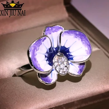 Argint 925 înaltă calitate Orhidee inel cercei set Email Violet Flori Femeilor Fata Email Rafinat de Bijuterii costum