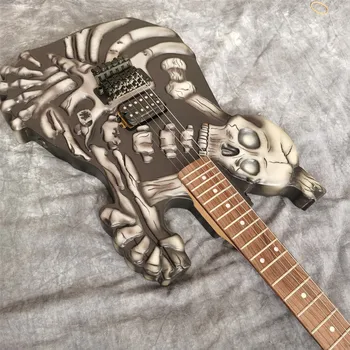 Noul negru Craniu de sculptură corpul 6 corzi chitara electrica , lemn de trandafir fretboard chitara , negru Mat culoare guitarra