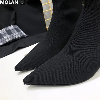 MOLAN Design de Brand 2020 Moda Sexy Tocuri Pisoi Tesatura Stretch pentru Femei Cizme Glezna Socofy Slim Ciorap coreean Pantofi Botine Chelsea