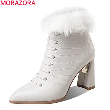 MORAZORA 2021 piele naturala cizme groase, tocuri ascuțite toe cu blana doamnelor pantofi de iarnă ține de cald glezna cizme pentru femei