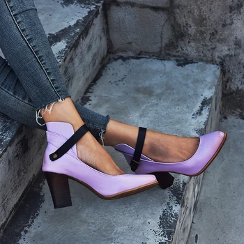 GOXPACER 2020 Pantofi de Vara pentru Femei Subliniat Toe PU Femei Pompe Toc Patrat Curea Glezna cu Cataramă mică adâncime Bandă Unică de Spate Folie Noua