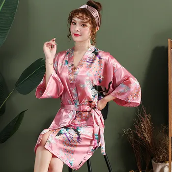 Rosu chinezesc Femei Halat de baie Sexy Liber Haină de Nuntă Lounge Sleepwear Rochie Kimono de Imprimare Păun V-neck Mini Îmbrăcăminte Acasă