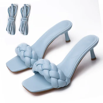 2020 Design Nou Țese Femei Papuc Femei Subțire Toc Înalt Sandale Deschise Toe Slip On De Vară În Aer Liber, Tobogane Flip Flop Pantofi Femei