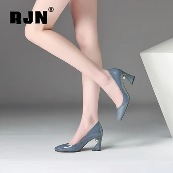 RJN Elegant Square Toe Pompe Perla Decor din Piele de Brevet Ciudat Stil Toc Slip-on Pantofi pentru Femei de Moda Pompe Pentru Petrecerea RO51