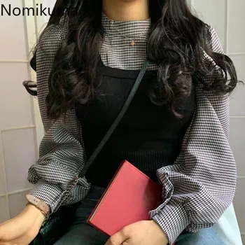 Nomikuma Toamnă Nouă Jumătate Roling Pulover Tricou Două Piese Maneca Lunga Casual Vintage coreean Bluza Chic Femei Blusas 3d132