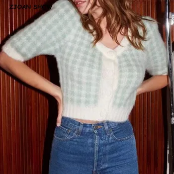 90 Retro Vintage V gât Tricotat Singur Pieptul Buton Check Plaid Cardigan Pulover Femei cu Maneci Scurte Jumper Tricotate Tricotaje
