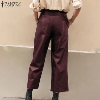 Femei de moda a lui Largi Picior Pantaloni ZANZEA 2021 Casual din Piele PU Pantaloni Butonul Negru Nap Plus Dimensiune Zip Lung Pantalon de sex Feminin