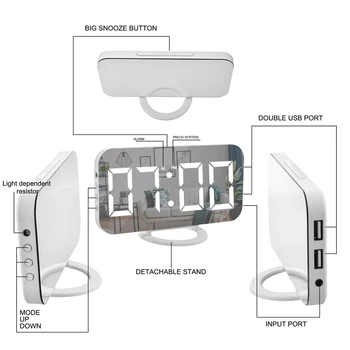 Ceas Cu Alarmă Digital,6 Inch Led-Uri De Mare Display Cu Dual Usb Încărcător De Porturi Auto Dimmer Modul De Ușor Amânare Funcție, Oglinzi Moderne De