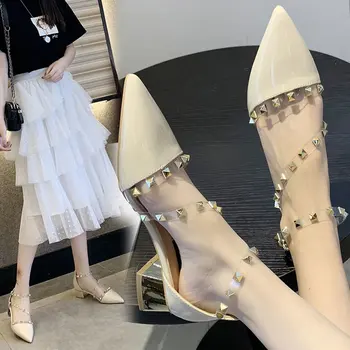 Vara Pătrat Sandale Cu Toc Femei Pompe Sexy Nit Pantofi Cu Toc Femeii A Subliniat Toe Superficial Gura Tocurile Doamnelor Pantofi 2020 Nou