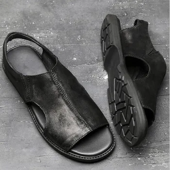 High-end Negru Pur de Vara Noi Barbati Piele Sandale Retro Roma Stil Sandale Trendy Om de Vară Pantofi Casual