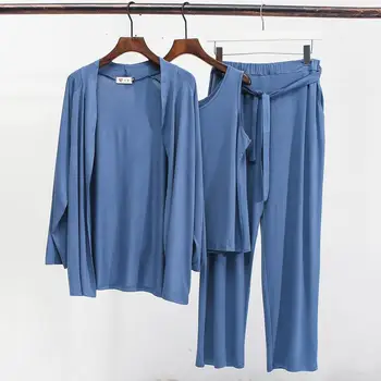 Fdfklak Toamna Doamnelor Pijama Set 3Pcs Set Cardigan+Vesta+Pantaloni Sexy Pijamale 2020 Nou Modal Femme Pijamale Roz Homewear