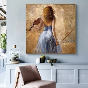 Excelent Artist pictat de Mână de Înaltă Calitate Impresionist Fata cu o Vioară Pictura in Ulei pe Panza Romantic Lady Pictură în Ulei
