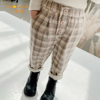 Haine pentru Copii de iarnă Plus de Catifea Copii Pantaloni Largi Picior Pantaloni Butoane Carouri Fete pentru Copii Haine 2020 Moda Stil Coreea