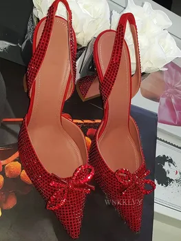 De Lux Stras Sandale Femei Roșu Subliniat Toe Cupa Tocuri Inalte Fundita Cristal Slingback Pompe De Partid Sexy Pantofi De Nunta