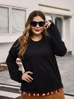 Noua toamna iarna plus dimensiune topuri pentru femei mari bumbac maneca lunga liber casual, O-neck knit T-shirt negru 4XL 5XL 6XL 7XL