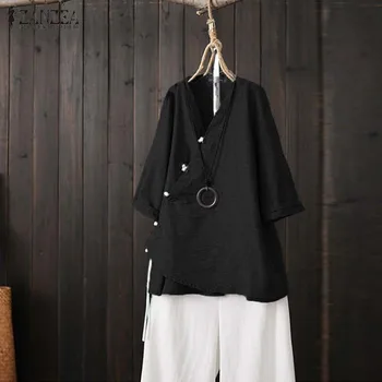 ZANZEA Vintage 3/4 Sleeve Solid Lenjerie de pat din Bumbac Tricou Toamna Femei Bluza Butoane Blusas Casual Cardigan Vrac Combinezon V Gât Topuri