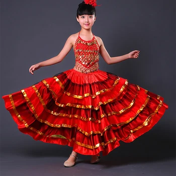Copii Flamenco Fuste spaniolă Dansator de Flamenco Pentru Fete Bal Burta Scena de Dans Fuste Fantezie Flamenco Rochie Costum DL2879
