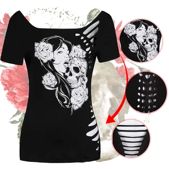 Maneci scurte Casual pentru Femei Tricou Sexy Flori Tubulare Cap de Craniu de Imprimare T-shirt Pentru Femeie Top Tee Vara