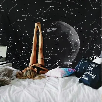 Vintage Luna, Stele, Cer, Planetă, Galaxie Acasă Decor de Perete Tapiserie de pe Perete Bordura Pătură, Covor 150 x 130 cm Negru