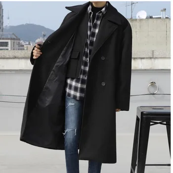 IEFB /îmbrăcăminte pentru bărbați dublu rânduri negru îngroșat de lână haină lungă 2020 toamna iarna coreean de sex masculin mid-lungime rever 9Y3867