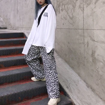 Vangull Epocă leopard pantaloni sex feminin Harajuku moda Streetwear liber casual pantaloni cu talie Înaltă largi picior Bumbac pantaloni Drepte