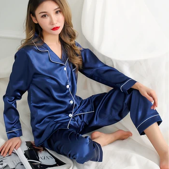 Femei Pijamale de Mătase Set 2020 Primăvară Plus Dimensiune 3XL 4XL 5XL Casual cu Maneci Lungi Homewear Toamna Solid Seturi de Pijama Satin Sleepwear