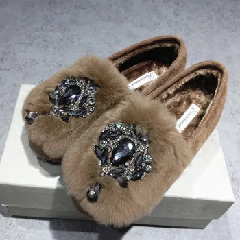 Pantofi pentru femei Casa de Iarnă Casual Ladies Stras Drăguț, Blană de Iepure de Pluș de sex Feminin pantofi Plat Confort Femeie Interior Moale u962