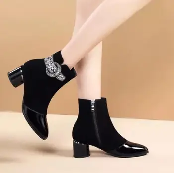 Cristal Cizme Femei 2020 Glezna Cizme Pentru Femei Cu Toc Înalt Pantofi De Iarna Pentru Femei Cizme Cu Fermoar Dimensiune 40 Botas Mujer Negru