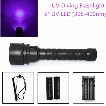 25W Ultraviolete Felinar 5000LM 5 x LED-uri UV Lumina Violet 100M sub apă Scufundări Lanterna Aluminiu Lanterna (395-400 nm) pentru Vânătoare