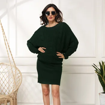 Toamna și iarna nou stil plus dimensiunea femei vrac bat maneca pulover mid-lungime pulover pulover rochie