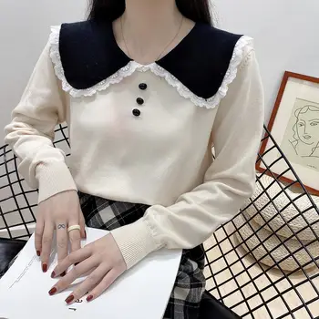 Roz Dantelă Neagră cu Mâneci Lungi Femei Haine de Toamna-coreean Tricotate Pentru Femei Pulovere 2021 Pulover de Iarna cu Haine de Sus A6586