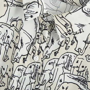 BAORUINA Femei Supradimensionat Singur Pieptul Lungi Casual Bluza Guler de Turn-down All-meci Vrac Elefant Imprimare Bluza Topuri
