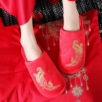 Primăvara Stil Chinezesc Femei Roșu Nunta Papuci de Interior Confortabil Broderie Cuplu Acasă Papuci de Iarnă Non-alunecare de Casa Papuci de casa