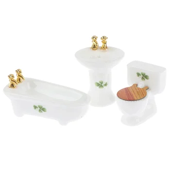 1:24 Păpuși în Miniatură Mobilier Baie Set Modern din Ceramică Albă, Toaletă Bazinul Cadă de baie Cu Floare de Jucărie Joc DC103