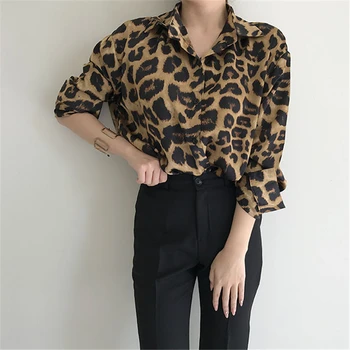 Femei Retro Sexy Leopard Tricouri Primăvară Cădea Liber Casual POLO Guler Birou Doamnă Bluze Femei Bluza 2020 Toamna Tricouri
