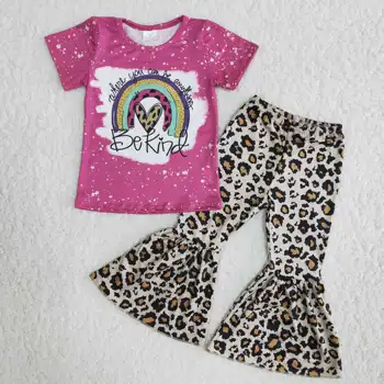 Primăvara Curcubeu de Imprimare Fete pentru Copii Haine mâneci Scurte Tricou Bell Leopard Pantaloni Copii Seturi de Îmbrăcăminte de Copii de tip Boutique de Moda